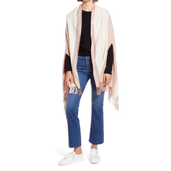 Madewell Moui Striped Silk Cotton Noil Cape Scarf Rosewood Pink Bohemian One Siz - Picture 1 of 2